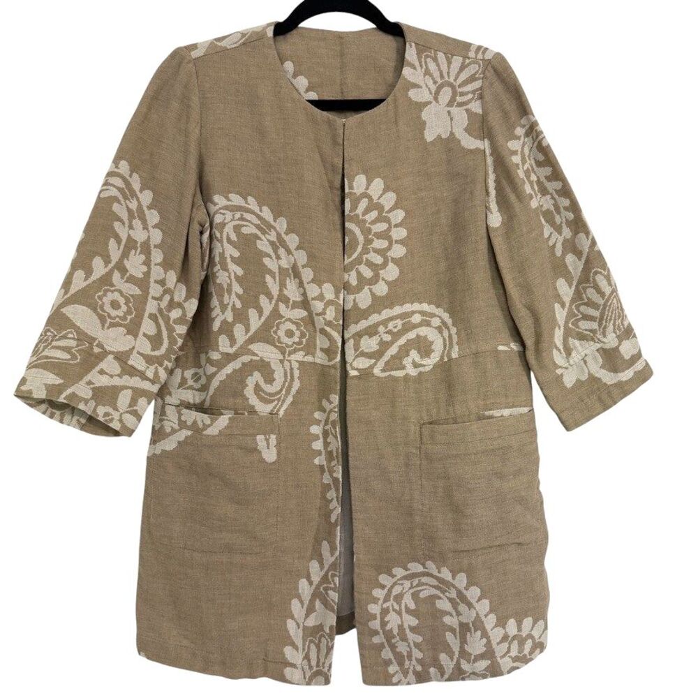 Chico’s Sz 1 (M 8-10) Linen Cotton Jacket Topper Oatmeal Ivory 3/4 Sleeve